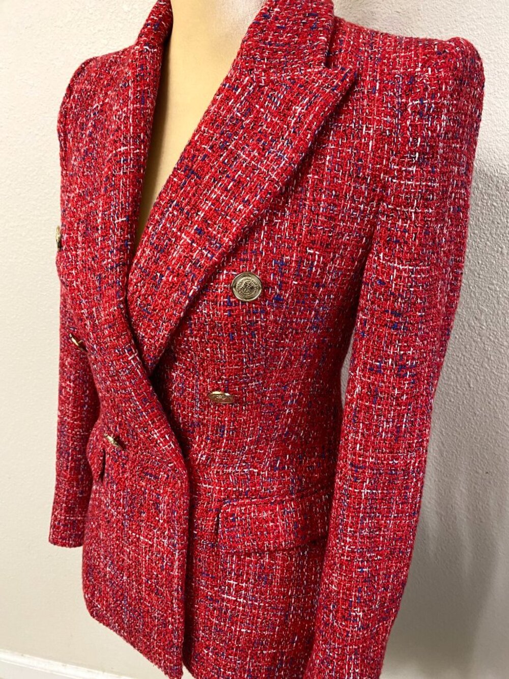 Zara Tweed Double-Breasted Red Blazer Jacket XS - Picture 6 of 13